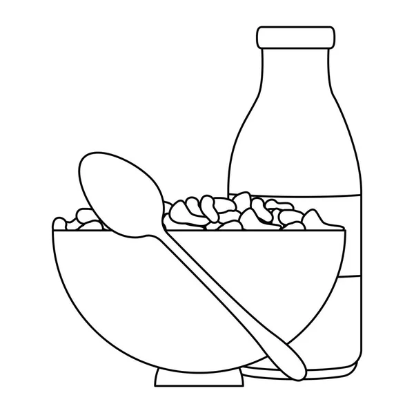 Plat de céréales avec cuillère et bouteille de lait — Image vectorielle