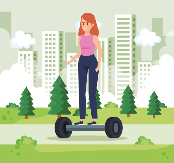 Donna guida scooter elettrico nel parco urbano — Vettoriale Stock