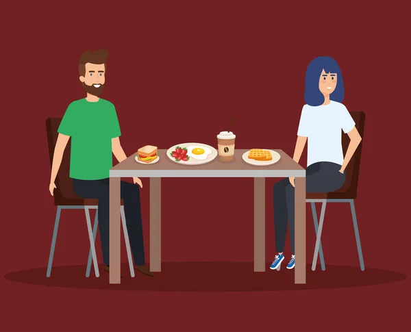 Homem casual e mulher comendo sanduíche e café —  Vetores de Stock