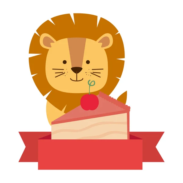 Lindo león con dulce pastel parte carácter — Vector de stock