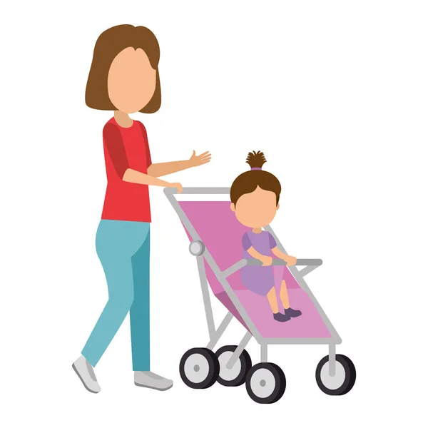 Mother with little girl baby in cart — Stock Vector