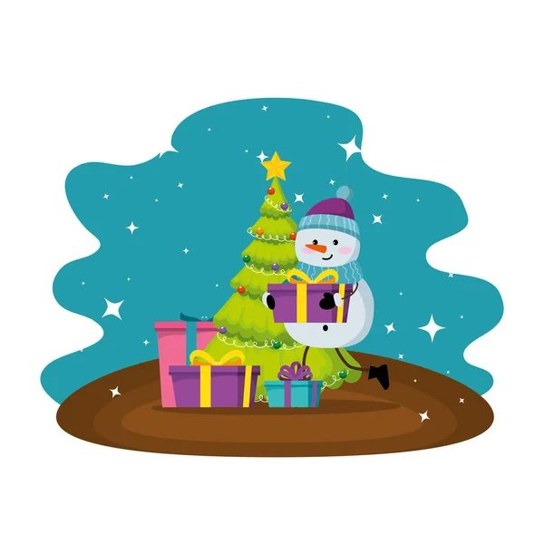 Buon albero di Natale con regali e pupazzo di neve — Vettoriale Stock