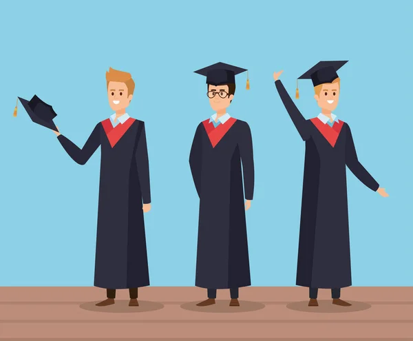 Hommes université amis graduation avec corde et casquette — Image vectorielle