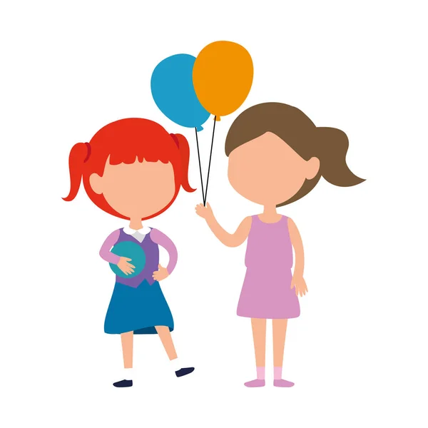 Μικρά κορίτσια φίλοι με μπαλόνια ήλιο χαρακτήρες — Διανυσματικό Αρχείο