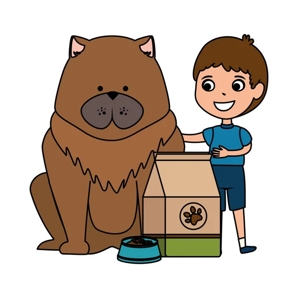 Schattige kleine jongen met hond en voedsel tas — Stockvector