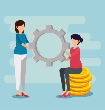 Dişli ve dijital paraları olan kadınlar çevrimiçi bankacılığa