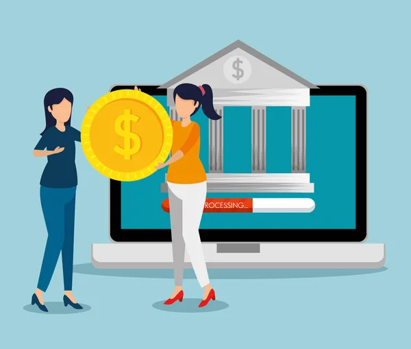 Φορητό υπολογιστή με ψηφιακή τράπεζα και γυναίκες με κέρματα — Διανυσματικό Αρχείο