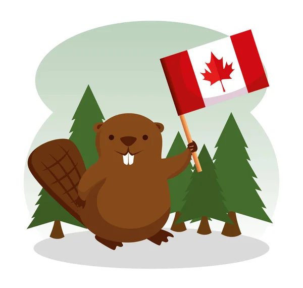 Beaver with canada flag and pines trees — Stock Vector