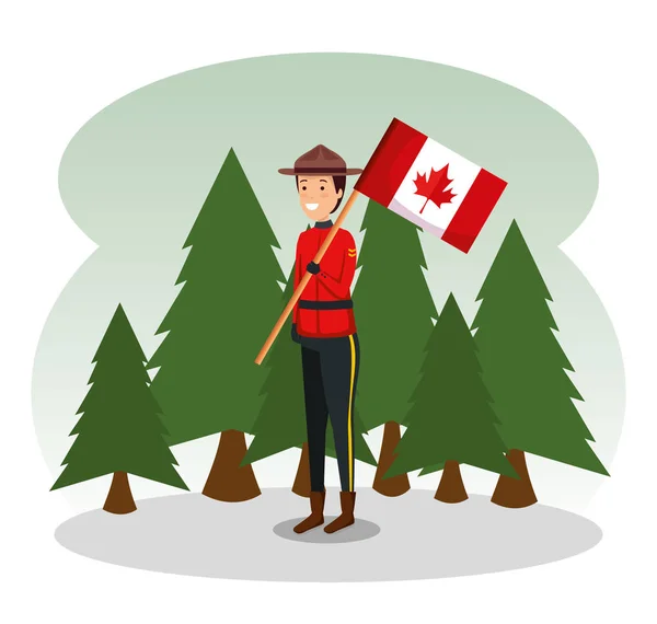 Канадский полицейский с патриотическим флагом и соснами — стоковый вектор