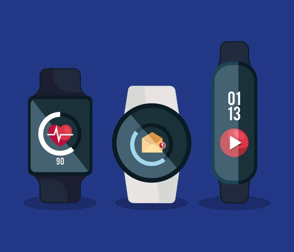 Tecnologia smartwatches com batimento cardíaco e carta com aplicativo de vídeo — Vetor de Stock