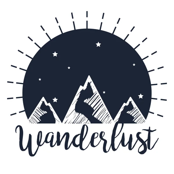 Etiqueta de montanhas nevadas com estrelas para viajar wanderlust — Vetor de Stock