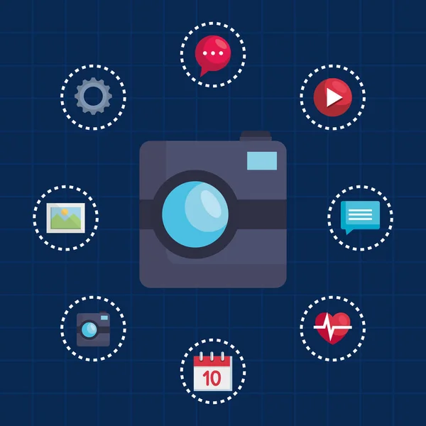 Digital camera technology with display social app — Stock Vector