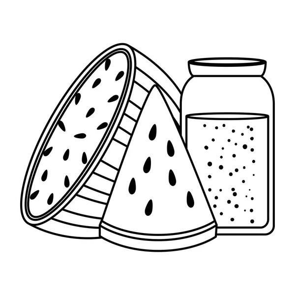 Rebanada de sandía fresca y olla de jugo con paja — Vector de stock