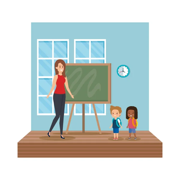 Teacher female with school kids classroom scene — Stock Vector