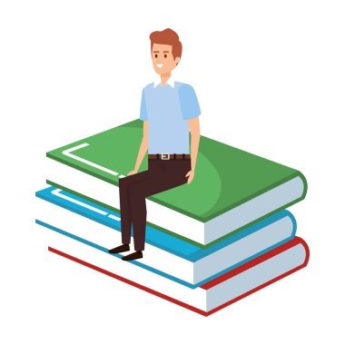 young teacher male sitting in books character