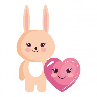 sevimli tavşan ve kalp kawaii karakterleri