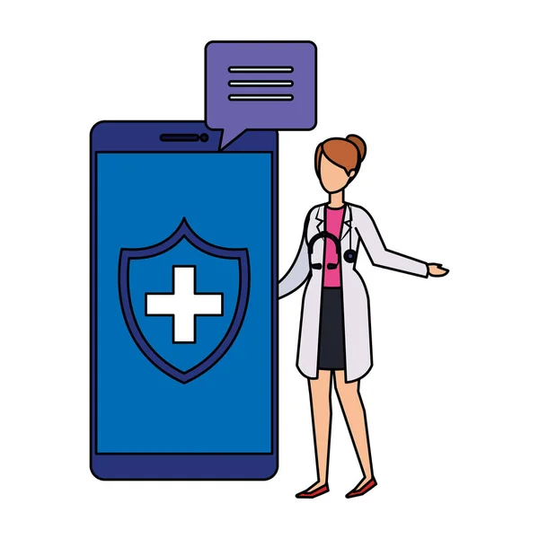 Vrouwelijke arts met smartphone en spraak Bubble — Stockvector