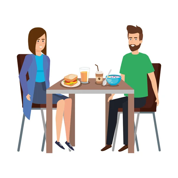 Pareja joven comiendo en personajes de mesa — Vector de stock