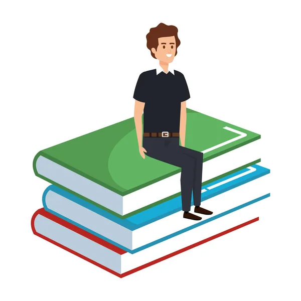 Young teacher male sitting in books character — Stock Vector