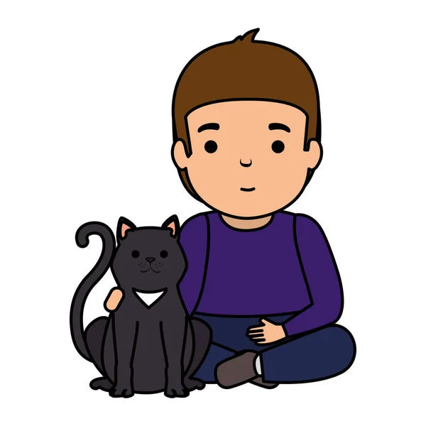 Милый мальчик с котенком — стоковый вектор