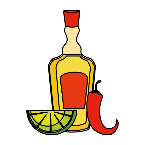 Bottiglia di tequila con limone e peperoncino — Vettoriale Stock