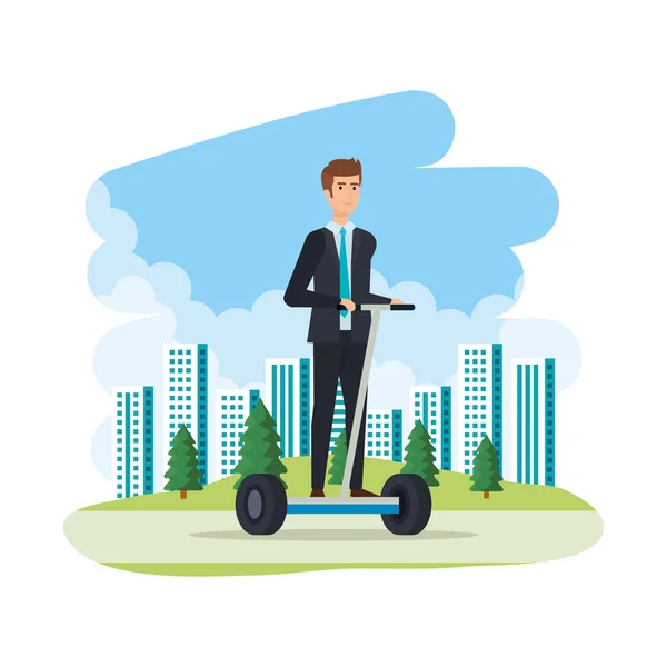 Businessman in folding e-scooter on landscape — Stock Vector