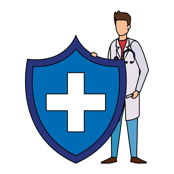 Doctor with stethoscope and health shield — Stock Vector