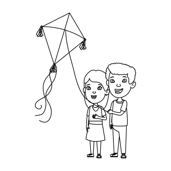 Couple d'enfants avec cerf-volant volant — Image vectorielle