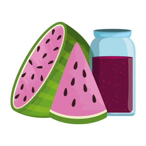 Rebanada de sandía fresca y olla de jugo — Vector de stock