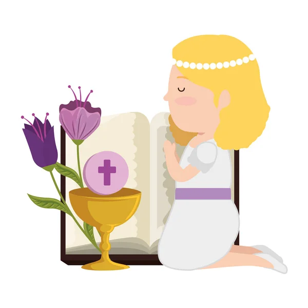 Pequena menina ajoelhada com bíblia e flores primeira comunhão —  Vetores de Stock