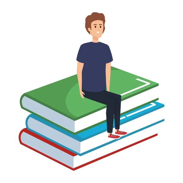 Young teacher male sitting in books character — Stock Vector