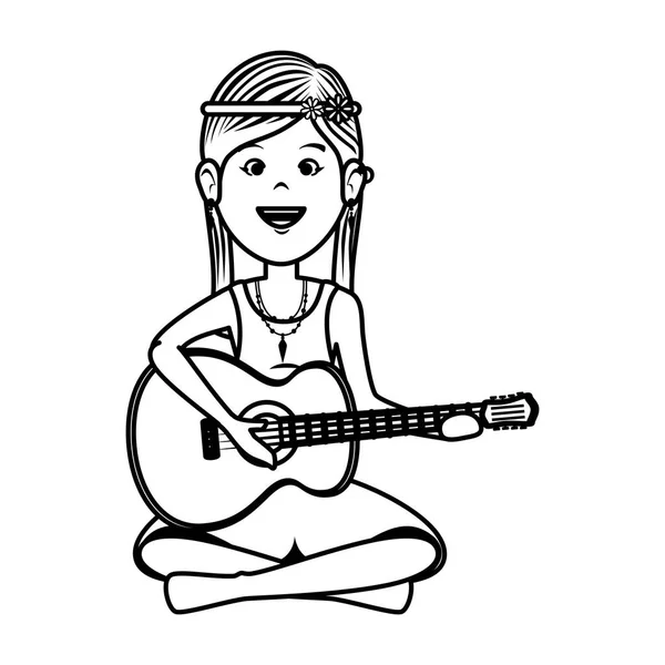 Hippy mulher tocando guitarra personagem — Vetor de Stock