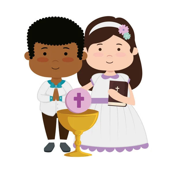 Little kids with chalice and bible first communion — Stock Vector