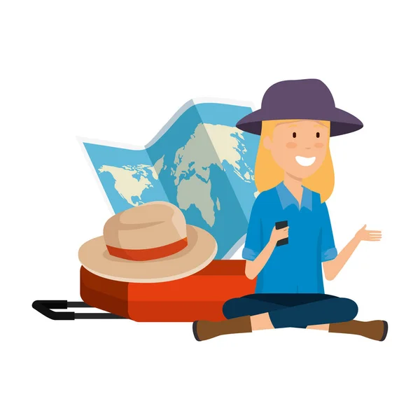 Turist kvinna med papperskarta och resväska och hatt — Stock vektor