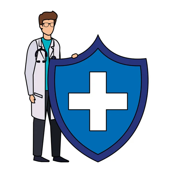 Doctor with stethoscope and health shield — Stock Vector