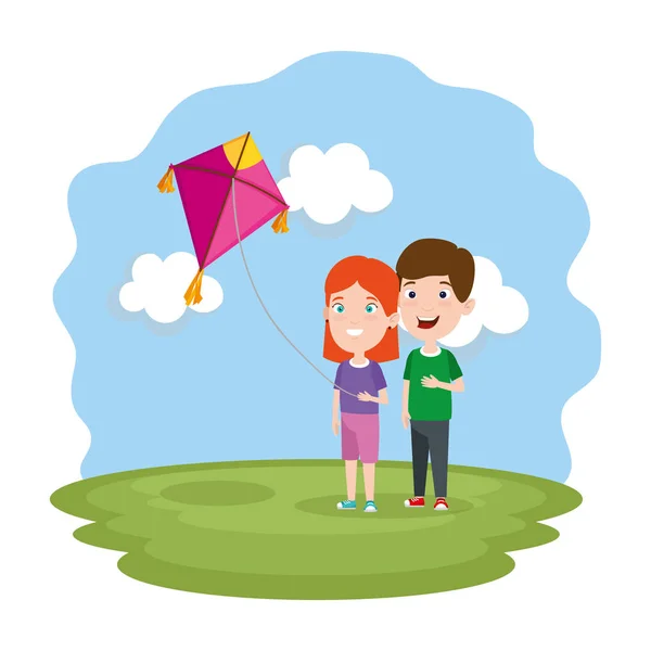 Kids couple with kite flying in the field — Stock Vector