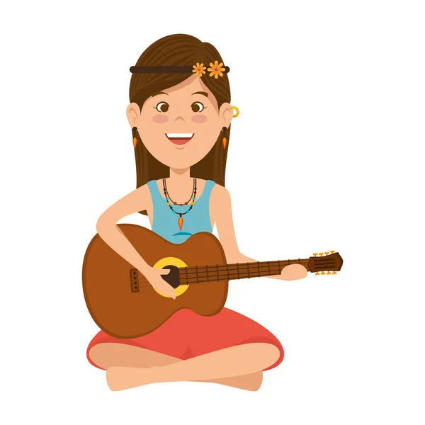 Hippy mulher tocando guitarra personagem — Vetor de Stock