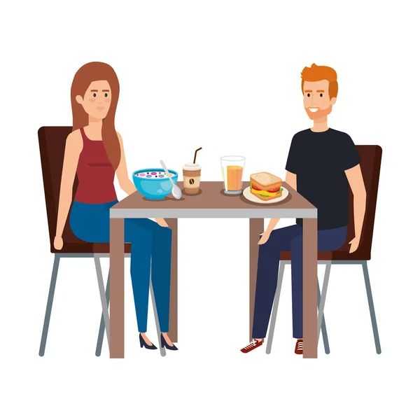 Young couple eating in table characters — Stock Vector