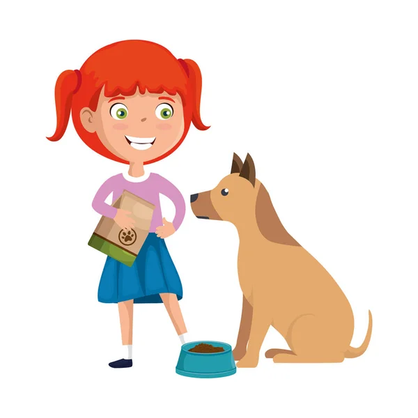 Schattig klein meisje met puppy en voedsel tas — Stockvector