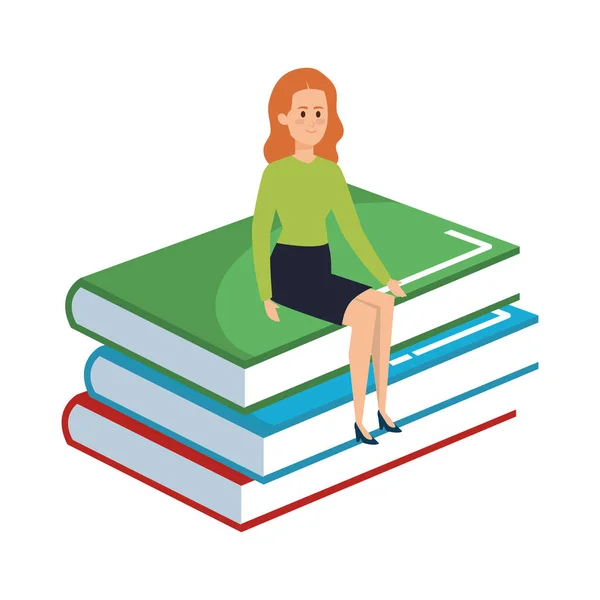Jovem professor feminino sentado em livros personagem —  Vetores de Stock