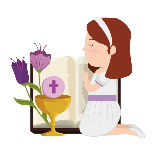 Beetje knielende meisje met Bijbel en bloemen eerste communie — Stockvector