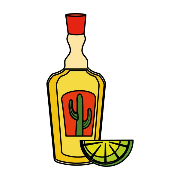 Botella de tequila con limón — Vector de stock
