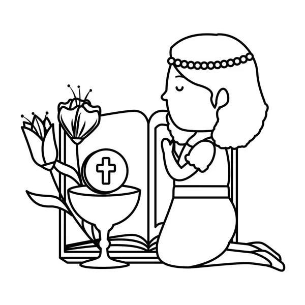 Malá Klečka s Biblí a květinami první přijímání — Stockový vektor