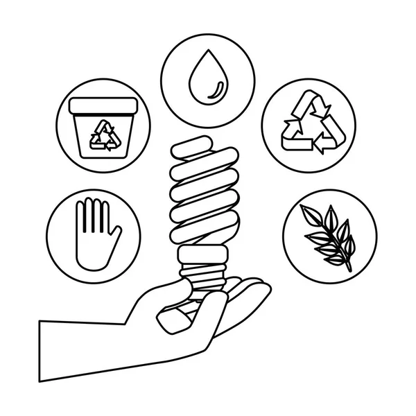 Hand met saver Bulb en ecologie iconen — Stockvector