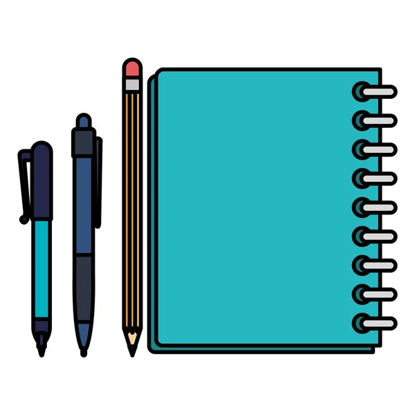 带铅笔和钢笔的笔记本学校 — 图库矢量图片