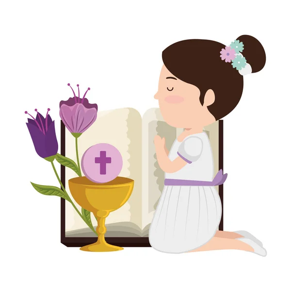 Niña arrodillada con biblia y flores primera comunión — Vector de stock