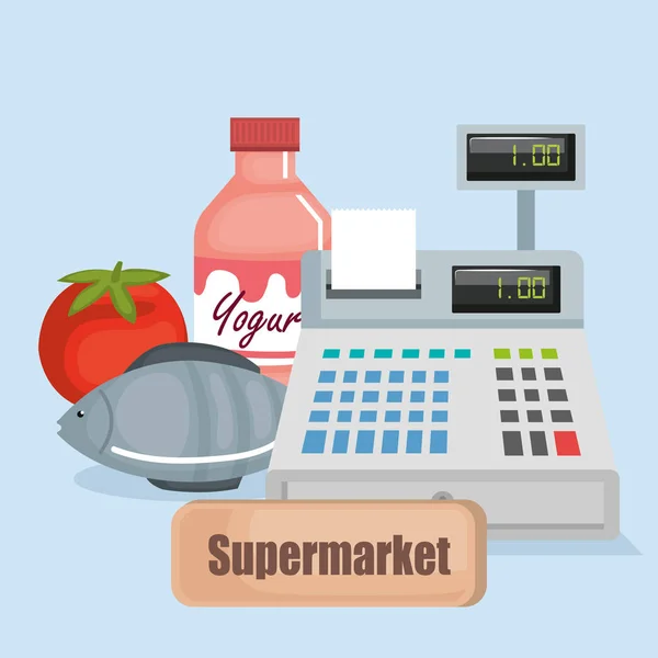 Supermarkt kassa met producten — Stockvector