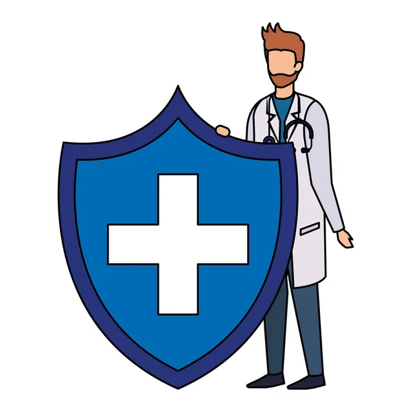 Doctor with stethoscope and health shield — Stock Vector