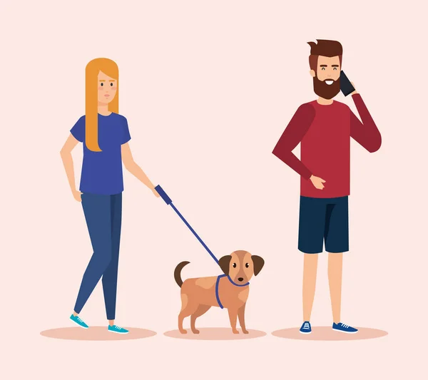 Jovem casal com smartphone e cachorro — Vetor de Stock