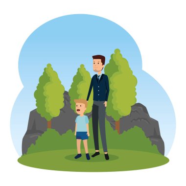 Genç baba ve oğlu arazide.